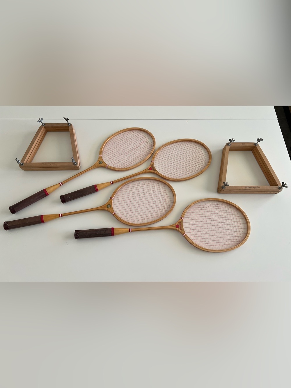 4 Vintage 1960s Spalding Monogram Wooden Badminton Racquets